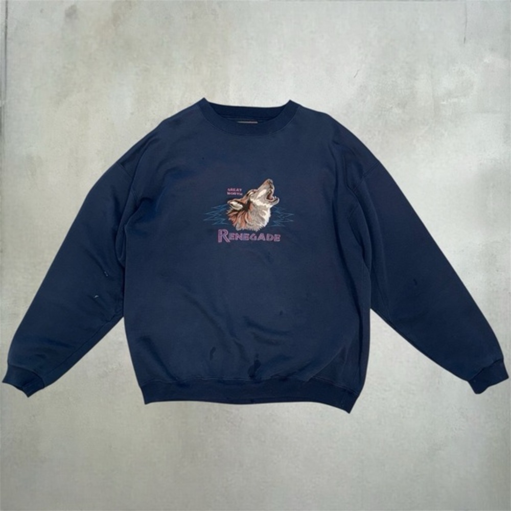 Vintage Headwaters Wolf Embroidered Sweatshirt Navy Blue Great North Renegade XL
